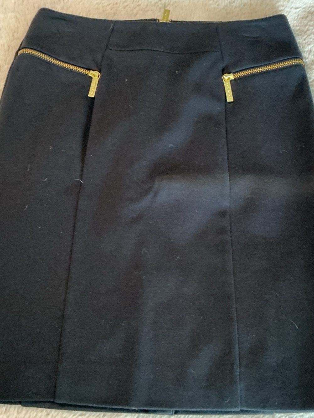 Navy Blue Pencil Skirt with Gold Zipper Details